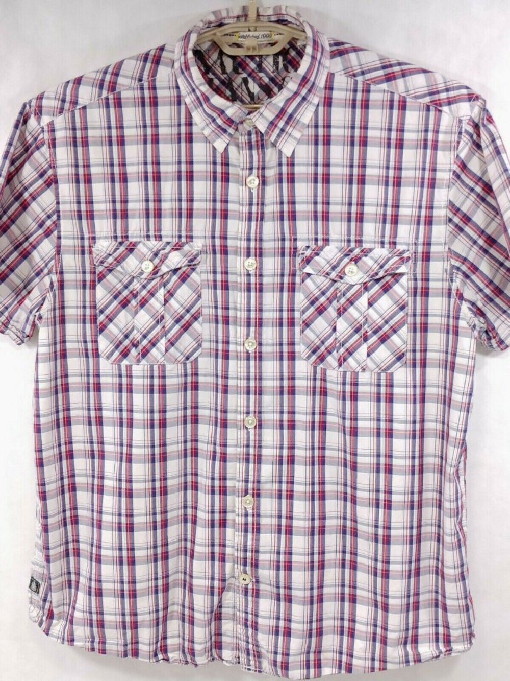 Nautica Jeans Co S/S Shirt Mens XL Cool Cotton Red White Blue Plaid Button Front